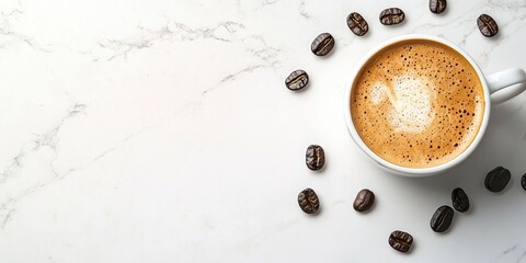 Poster - A cup of coffee alongside coffee beans on a white marble background. Top view with copyspace for your text.