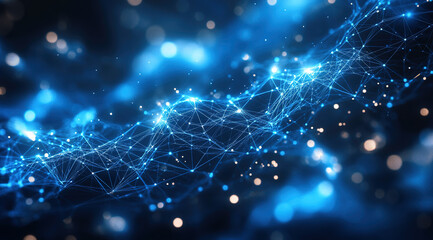 An abstract pattern of network connections composed of dots and lines, giving a sense of technology and futurism. Suitable for use as a background image on web pages or mobile applications.