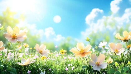 Aufkleber - A vibrant, sunlit meadow filled with blooming flowers under a clear blue sky adorned with fluffy clouds.