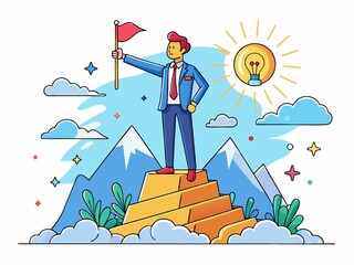 Businessman standing on the top of a mountain and holding a red flag in his hand. Vector illustration.
