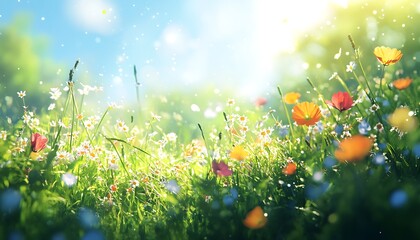 Aufkleber - A vibrant field of flowers in sunlight, showcasing colorful blooms and a serene, dreamy atmosphere.