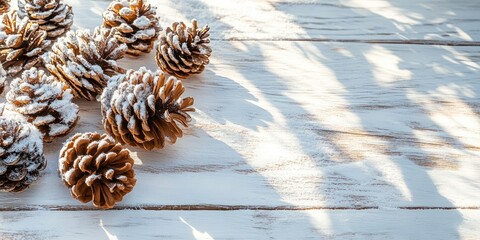 Poster - Snow-covered and brown pine cones on a rustic white wood table with sunlight shadows, creating a Christmas decoration backdrop.