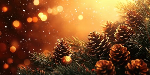 Poster - Christmas festive backdrop featuring copyspace. Cones on a fir tree branch. New Year poster for design purposes.