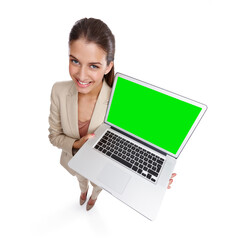 Happy woman, portrait and laptop with green screen for advertising or marketing on a white studio background. Above, female person or employee with smile, chromakey or technology display for new app