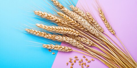 Poster - Close-up of a sheaf of wheat ears and seeds on a colorful background. Represents natural cereal plants and the harvest season. Top view, flat lay with copy space. Global wheat crisis.