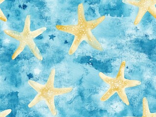 Poster - Delicate watercolor Christmas stars in soft pastel yellow floating on a serene blue background  creating a light and airy