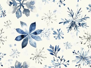 Poster - Delicate and Subtle Watercolor Snowflake Pattern in Soft Shades of Blue and White Scattered Across a Light Gray Background Creating a Serene and Elegant Minimalist Design