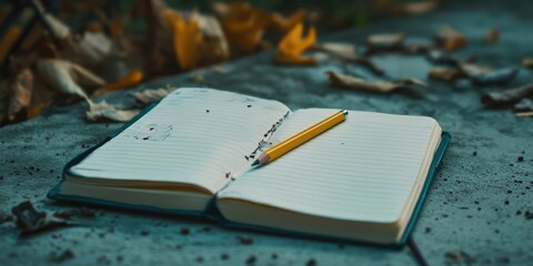 Poster - sharpened pencil on notebook placed on concrete pad