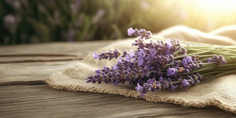 Poster - A bundle of lavender flowers resting on a cloth on a wooden surface with copy space. A bundle of lavender flowers resting on a cloth on a wooden surface with copy space.