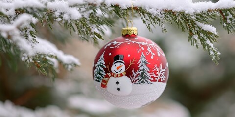 Poster - Red Christmas glass ornament featuring a snowman hanging from a snow-covered spruce tree branch. Hand-painted bauble in the garden. Winter and merry Christmas theme.