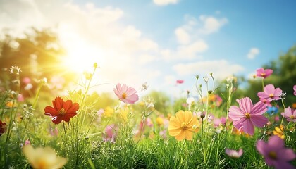 Aufkleber - A vibrant field of colorful flowers under a bright sun, surrounded by lush greenery and a clear blue sky, capturing the essence of nature's beauty.