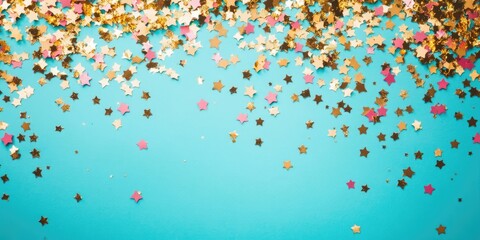 Poster - Golden confetti stars on a colored background, viewed from above.