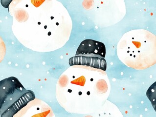Poster - Minimalist watercolor featuring a seamless pattern of adorable snowman faces in soft shades of white  orange  and black  scattered over a tranquil pale blue background