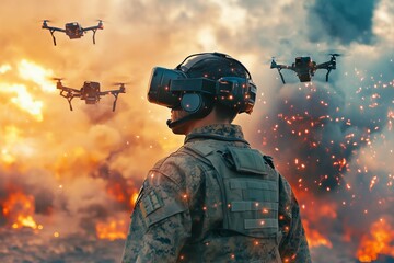 Soldier wearing virtual reality headset in battlefield, surrounded by drones, with explosions in background, military technology concept 