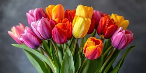 Poster - A close-up soft focus of a bouquet of vibrant tulips against a gray background.