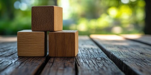 Wall Mural - Empty wooden cubes positioned on a wooden table with a natural background.