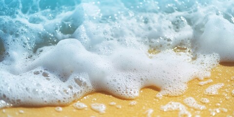Poster - Close-up summer scene featuring blue sea water, white foam, and yellow sand with selective focus. Represents vacation or holiday theme. Nature backdrop with copyspace.