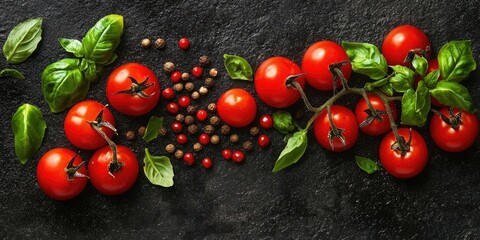 Aufkleber - cherry tomatoes, basil, and peppercorns on a dark concrete surface