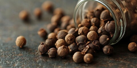 Poster - Close-up image of entire allspice spilled from a jar.