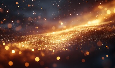 Poster - A shimmering wave of golden particles glimmers against a dark background, creating an ethereal, cosmic effect.
