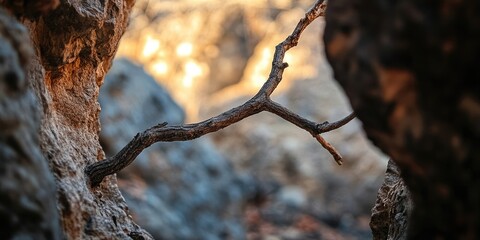 Poster - dried branch in a narrow opening in front of a blurred background