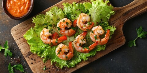 Aufkleber - Boiled shrimp on a board surrounded by lettuce leaves and sauce, viewed from above, with copy space.