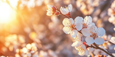Poster - Lovely white flowers of a blooming apricot tree. Stunning natural backdrop.