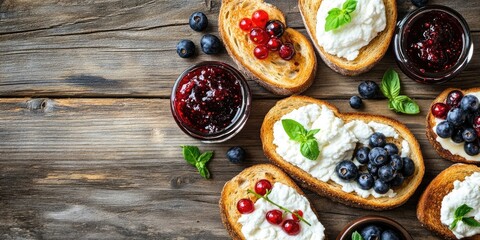 Poster - Home breakfast toasts featuring goat cheese and berry jam on a wooden table. Horizontal top view. Copy space.