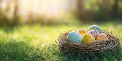 Poster - Easter egg hunt on green grass outdoors / Nest basket with colorful, festive decorated eggs on the meadow.