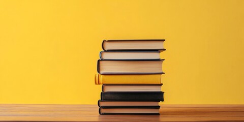 Poster - Stack of books on a wooden table with a yellow background. copy space