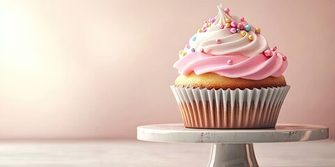 Poster - Delicious cupcake on a stand, set against a light background.