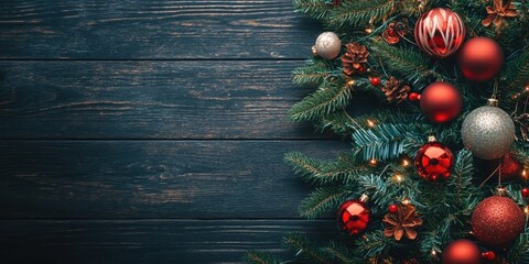 Poster - Christmas Card. Vintage-style fir tree adorned with decorations on a dark wooden surface.