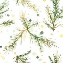 Poster - Elegant and minimalist watercolor of simple Christmas tree branches in soft green and yellow hues  with delicate lights floating on a seamless white background
