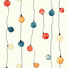 Poster - Minimalist of watercolor Christmas lights strung in soft pastel colors  scattered on a light cream background  creating a seamless  decorative and festive pattern design