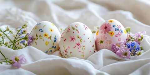 Poster - Easter eggs adorned with flowers on white linen fabric. Concept of spring and Easter.