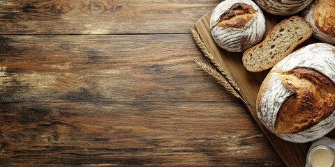 Poster - Fresh bread on a wooden table. Top view with room for your text.