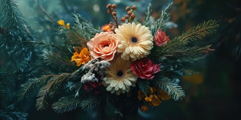 Aufkleber - Bouquet of flowers set against a backdrop of an ancient pine forest.