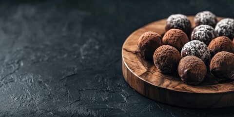 Poster - Chocolate truffles with cocoa arranged on a wooden plate on a table against a dark background. Copy space.