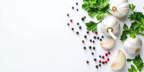 Sticker - Garlic accompanied by peppercorns and parsley, isolated on a white background with copy space for your text. Top view. Flat lay.