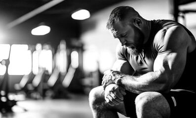 The Grind: A focused, muscular man rests on a bench after a grueling workout, showcasing strength, determination, and the mental fortitude required to push past limits.