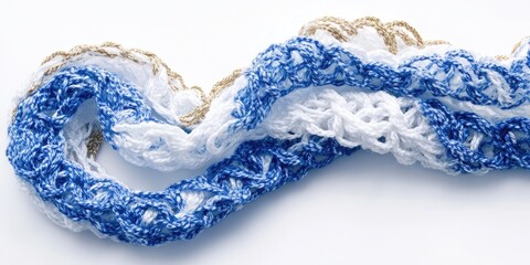 Poster - Knit a blue and white scarf using golden crochet against a white background.