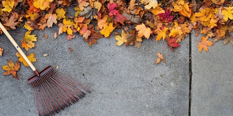 Poster - Colorful maple leaves scattered on a home sidewalk and driveway, along with a rake, prepared for autumn cleanup.