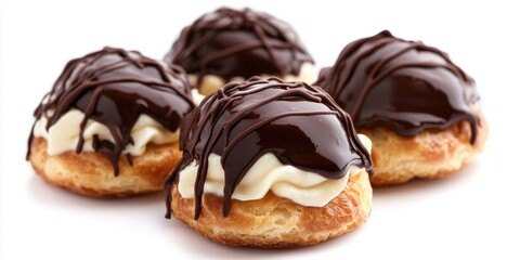 Poster - Freshly Baked Cream-Filled Dessert Profiteroles Topped with Chocolate, Isolated on White, Without People.