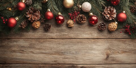 Vintage Christmas decor on aged wooden background