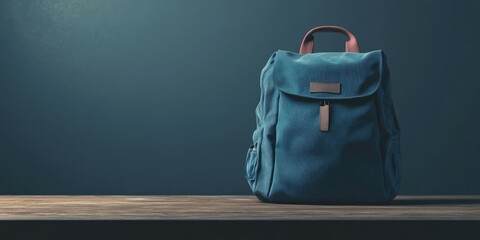 School bag rucksack backpack on an indoor table with an empty space background. School supplies.