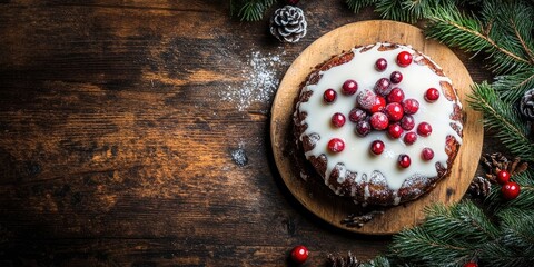 Aufkleber - Christmas Pudding, a Fruit Cake adorned with icing and cranberries on a rustic wooden table, copy space, top view. Traditional homemade Christmas dessert - Christmas Pudding.