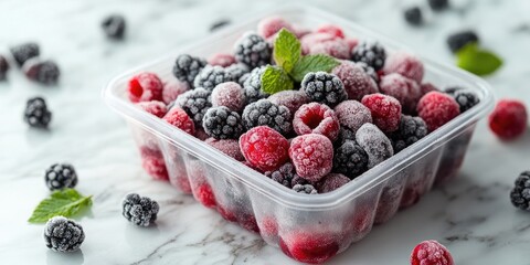 Poster - Frozen berry mix in a plastic container on a marble surface. Selective focus.