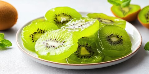 Poster - Plate featuring delicious kiwi jelly on a light background
