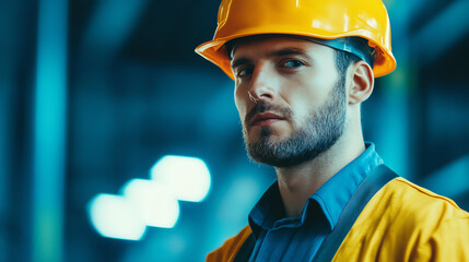 A focused male construction worker wearing a hard hat and safety gear, posing in an industrial environment with a serious expression.