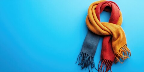 Poster - Double-colored, handmade wool scarf set against a blue background with copy space.